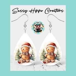 Earrings Gingerbread Man Santa Christmas Holiday Season Hand Sublimated Printed